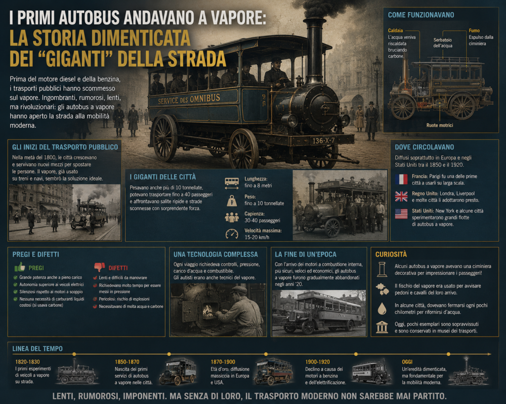 Autobus a vapore storico dell'Ottocento con passeggeri in abbigliamento d'epoca