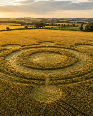 Cerchi nel Grano: vista aerea di una complessa formazione geometrica in un campo di grano nel sud dell'Inghilterra