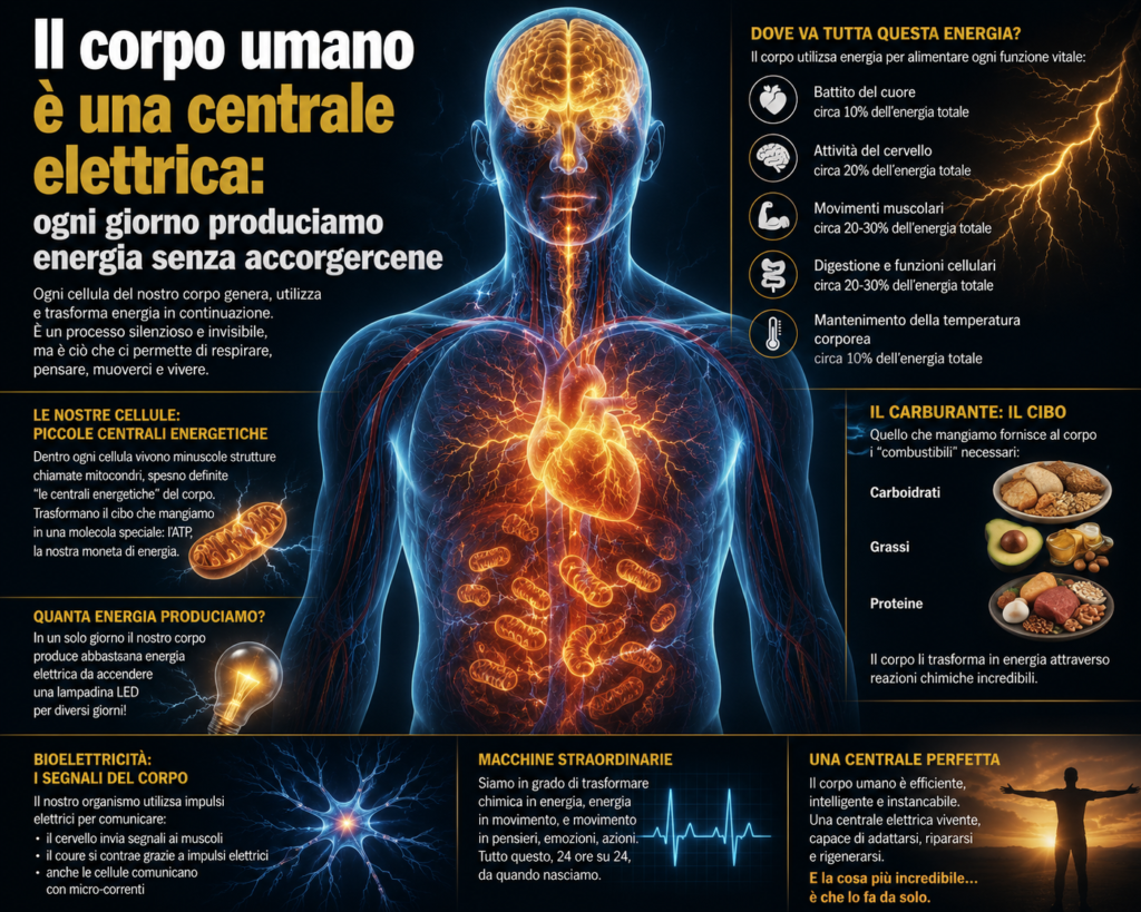 rappresentazione grafica della produzione energia corpo umano attraverso cellule e mitocondri