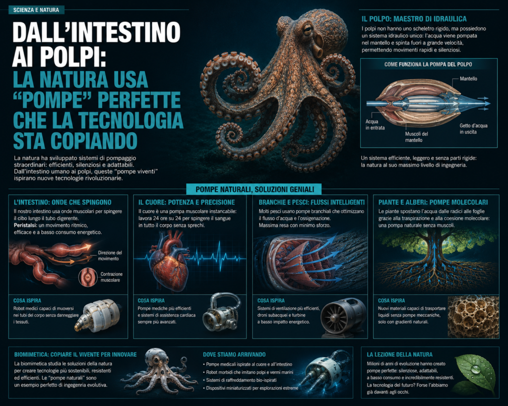 Illustrazione del meccanismo di peristalsi intestinale e sistemi biologici di pompaggio