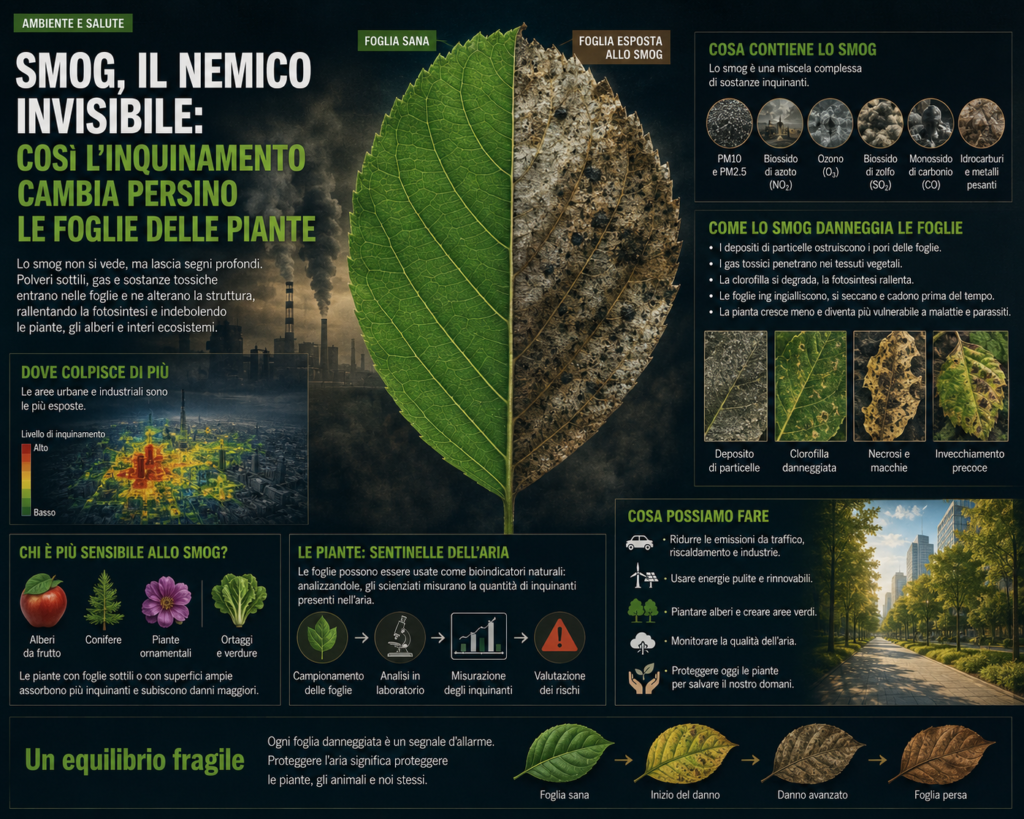 Foglie di pianta urbana danneggiate da inquinamento atmosferico e smog