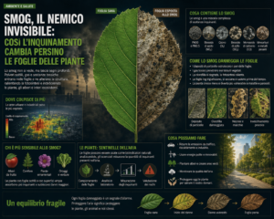 Foglie di pianta urbana danneggiate da inquinamento atmosferico e smog
