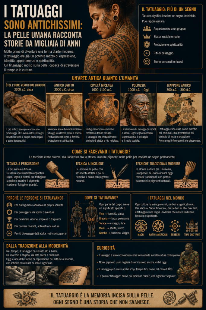 Tatuaggio tradizionale su pelle umana raffigurante simboli antichi e storia dei tatuaggi