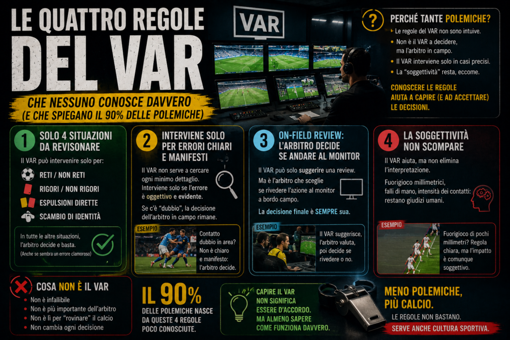 Regole VAR calcio — arbitro consulta il monitor a bordo campo durante una OFR